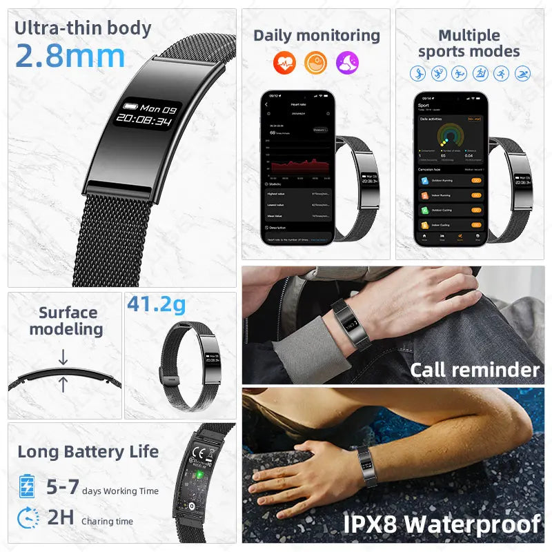 BWB8 (7days) Battery Smart Bracelet Ultra-thin Heart Rate SpO2 HRV Sleep Tracker Waterproof Wearable Activity Fitness Tracker
