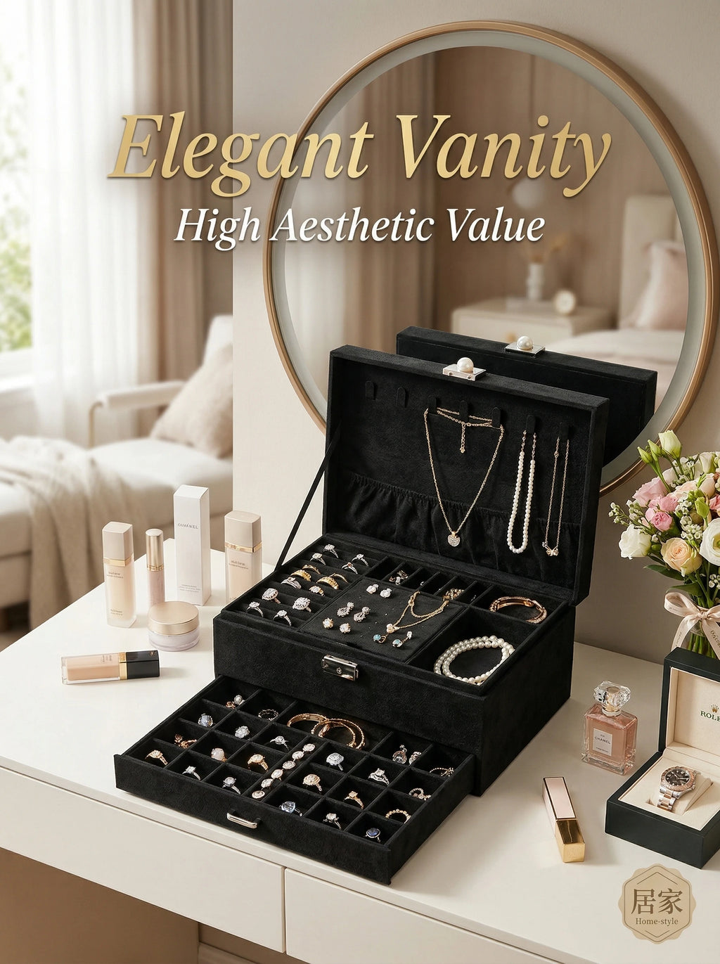 A Luxurious Dark Green Jewelry Storage Box, Designed Specifically Exquisite Three-tiered Drawer-style Jewelry Box