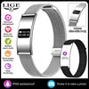 A smart fitness tracker watch with a silver metallic band and a black rectangular display, shown on a white background with multiple inset feature icons around it.
