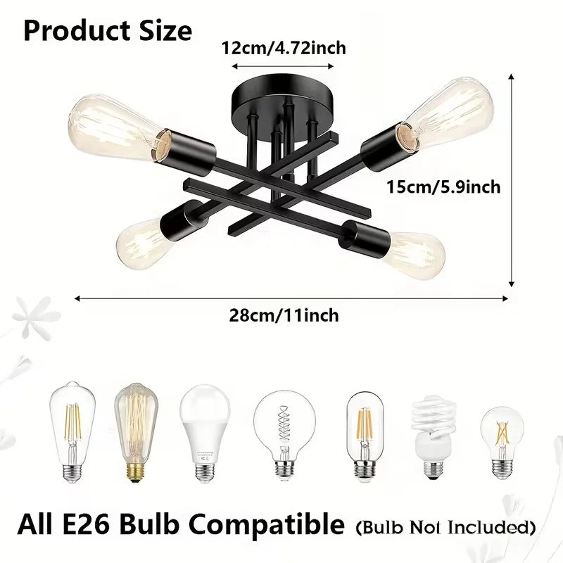 Modern Industrial Style Black 4-Bulb Flush Mount Ceiling Light Semi Flush Mount Lighting Fixture for Kitchen Hallway Laundry