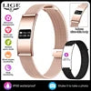 A rose gold fitness tracker watch with a rectangular digital display, shown alongside a black version of the same watch and a vertical stack of colorful feature icons on the left.