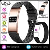 Black smartwatch band with digital display and features listed on a white background
