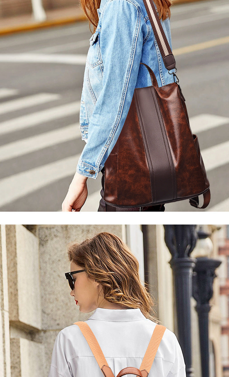 Anti-Theft Backpack Women's New Fashion Soft Leather Bag Commuting Large Capacity Small School Bag Lightweight Travel Backpack
