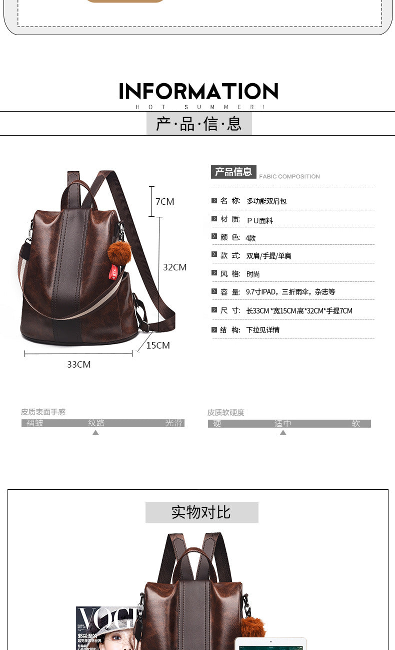 Anti-Theft Backpack Women's New Fashion Soft Leather Bag Commuting Large Capacity Small School Bag Lightweight Travel Backpack