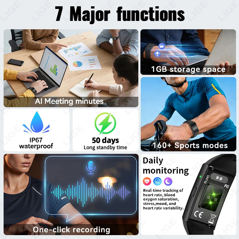 LIGE Audio Recorder Smart Bracelet 79 Languages AI Transcription 1GB Sports Fitness Band Health Monitor Watches Voice Recording