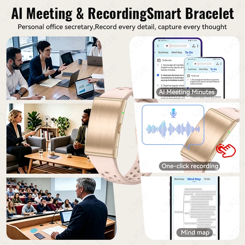 Promotional collage for an AI Meeting & Recording Smart Bracelet. The main product shown is a light pink and gold smart bracelet with a brushed metal look, displayed alongside screenshots of its AI meeting minutes, one-click recording with a microphone icon, and a mind map app preview.