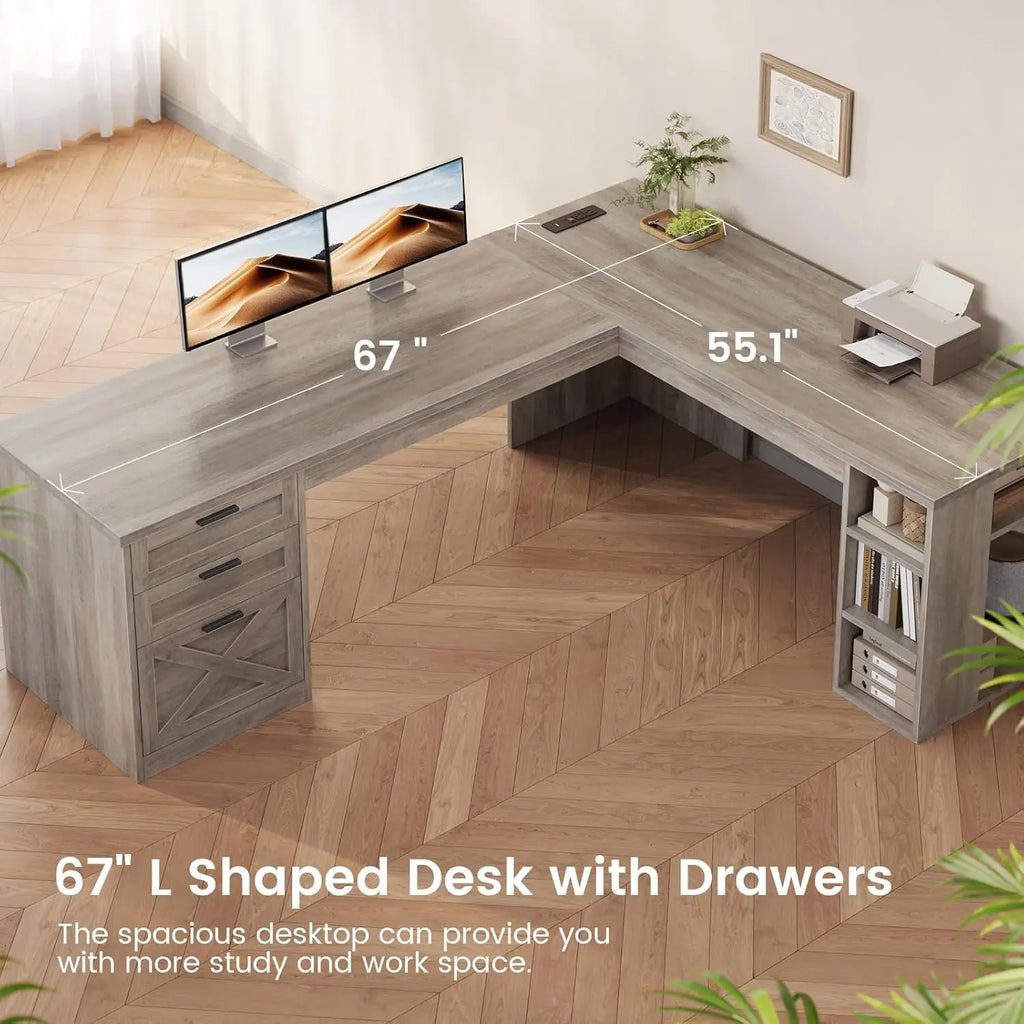 Farmhouse 67" L Shaped Desk with 3 Drawers, Executive Desk, Home Office Desks with Storage Shelves, Corner Computer, Customized