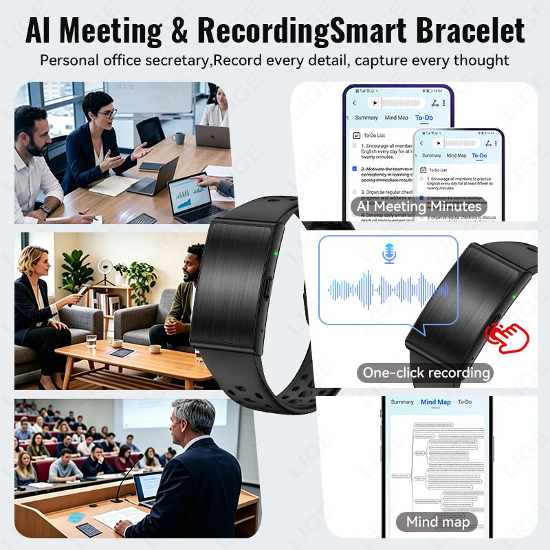 LIGE Audio Recorder Smart Bracelet 79 Languages AI Transcription 1GB Sports Fitness Band Health Monitor Watches Voice Recording