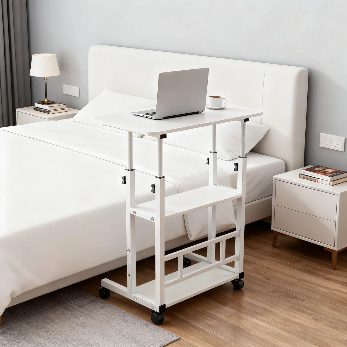 Side Table, Height-adjustable Computer Desk with Casters, 3 Shelves, Standing Desk for Bedroom, Living Room, 60x40x90cm