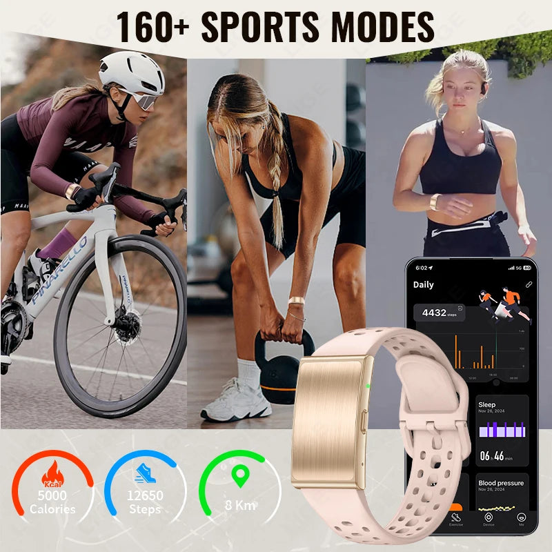A fitness tracker smart band with a rectangular metallic gold-toned case and a pale blush pink perforated silicone strap, shown alongside a smartphone displaying activity metrics. The image also includes three women exercising outdoors and a top banner reading '160+ SPORTS MODES.