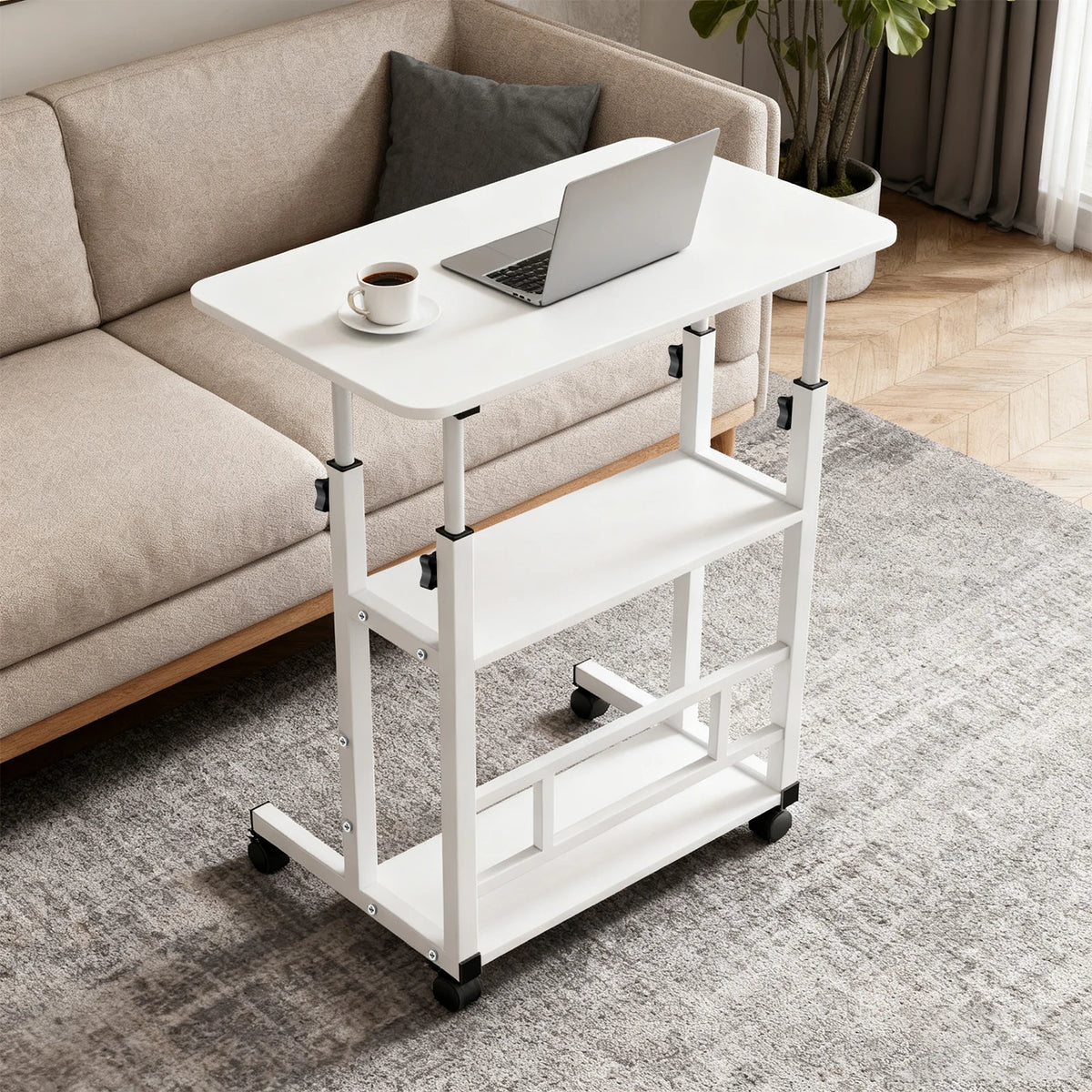 Side Table, Height-adjustable Computer Desk with Casters, 3 Shelves, Standing Desk for Bedroom, Living Room, 60x40x90cm