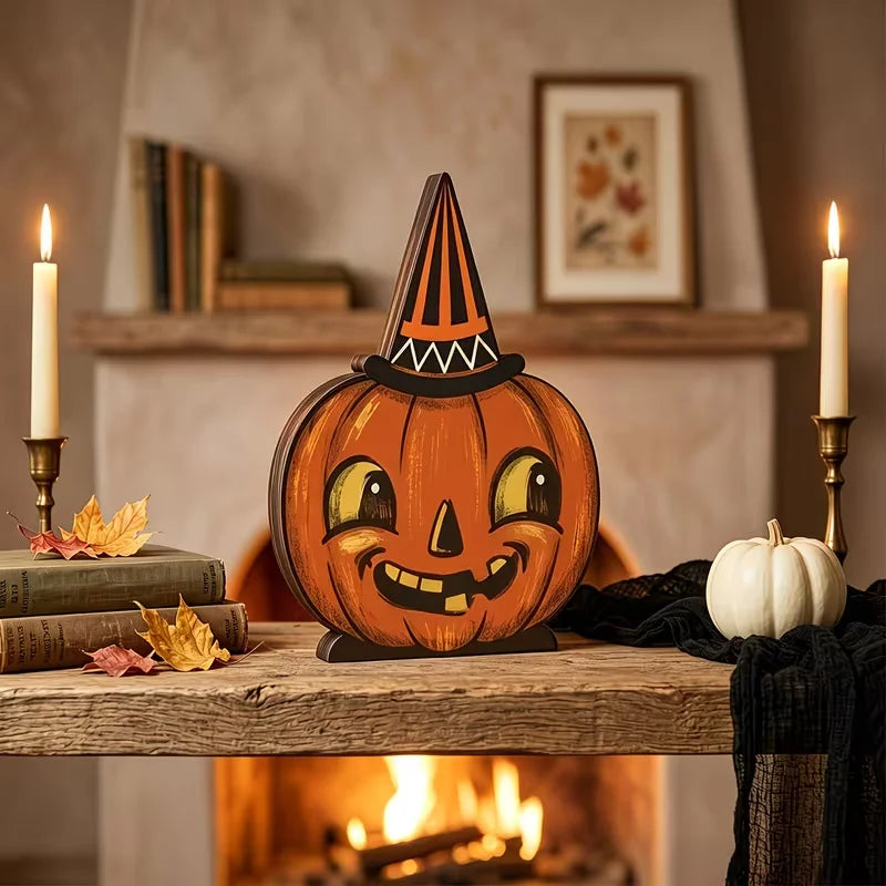Halloween interior decoration, vintage wooden blocks for shelf decoration, housewarming gifts