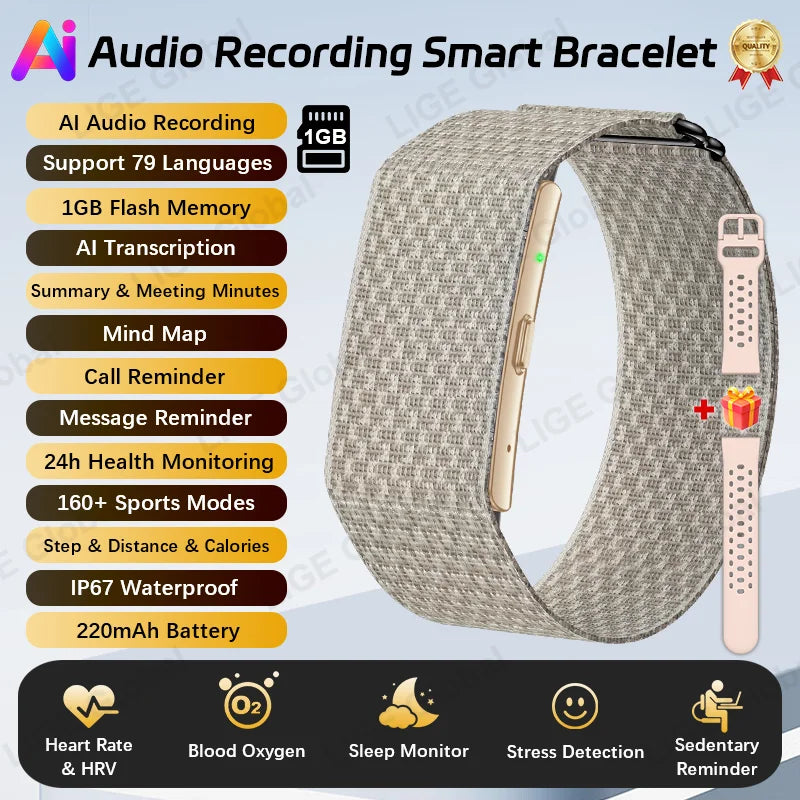 LIGE Audio Recorder Smart Bracelet 79 Languages AI Transcription 1GB Sports Fitness Band Health Monitor Watches Voice Recording