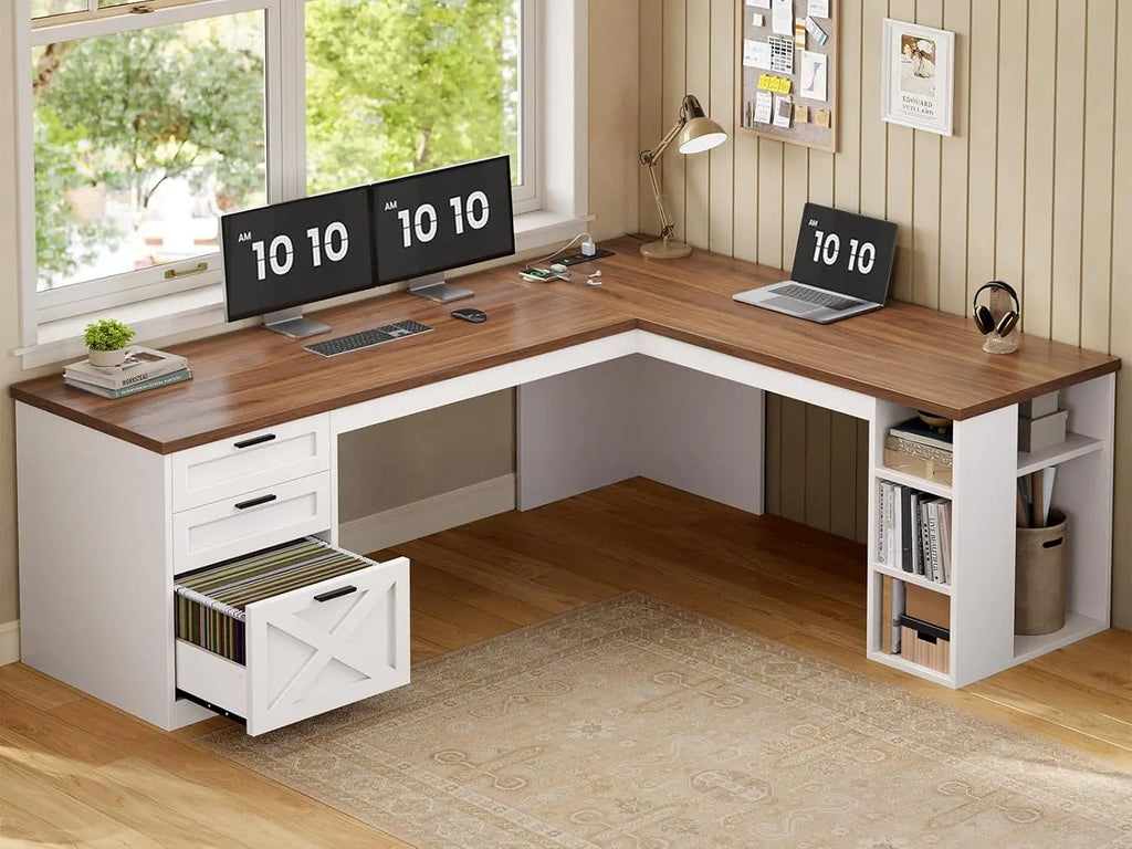Farmhouse 67" L Shaped Desk with 3 Drawers, Executive Desk, Home Office Desks with Storage Shelves, Corner Computer, Customized