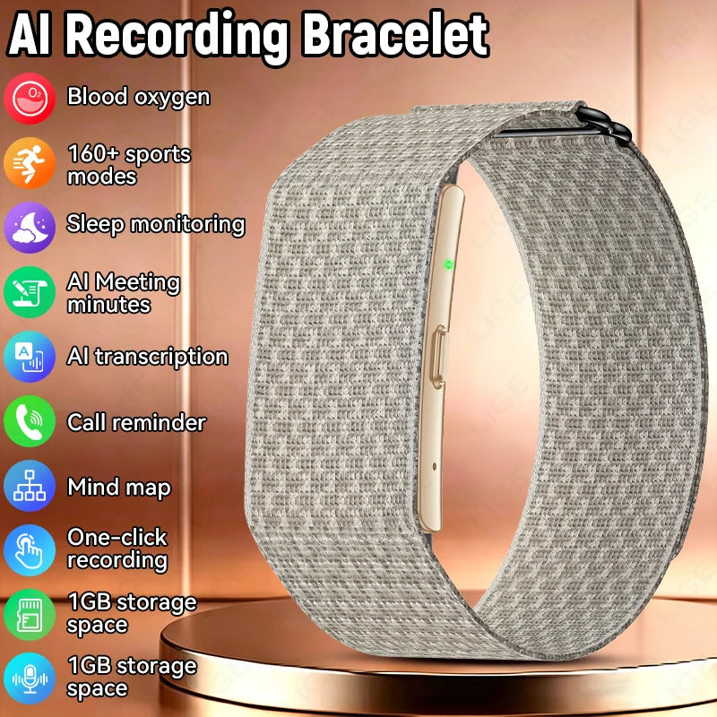 AI Recording Bracelet smart band with a textured gray woven strap, shown on a metallic gold pedestal with feature icons and text listing blood oxygen, 160+ sports modes, sleep monitoring, AI meeting minutes, AI transcription, call reminder, mind map, and one-click recording.
