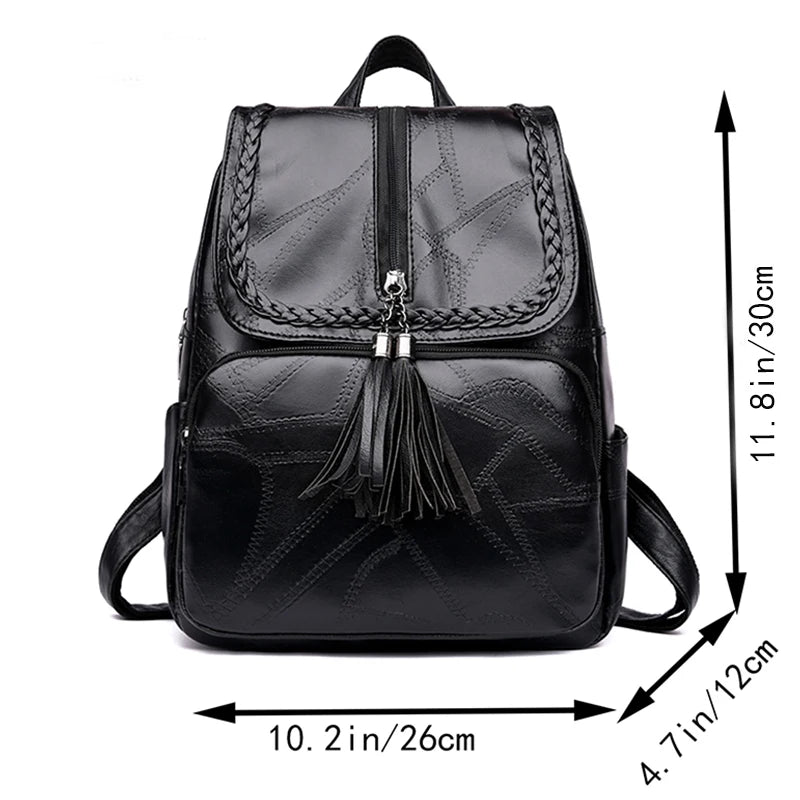 Casual Vintage Flap Tassel Rucksack, Lightweight Black Leather Backpack for Shopping, Dating & Weekend Trips