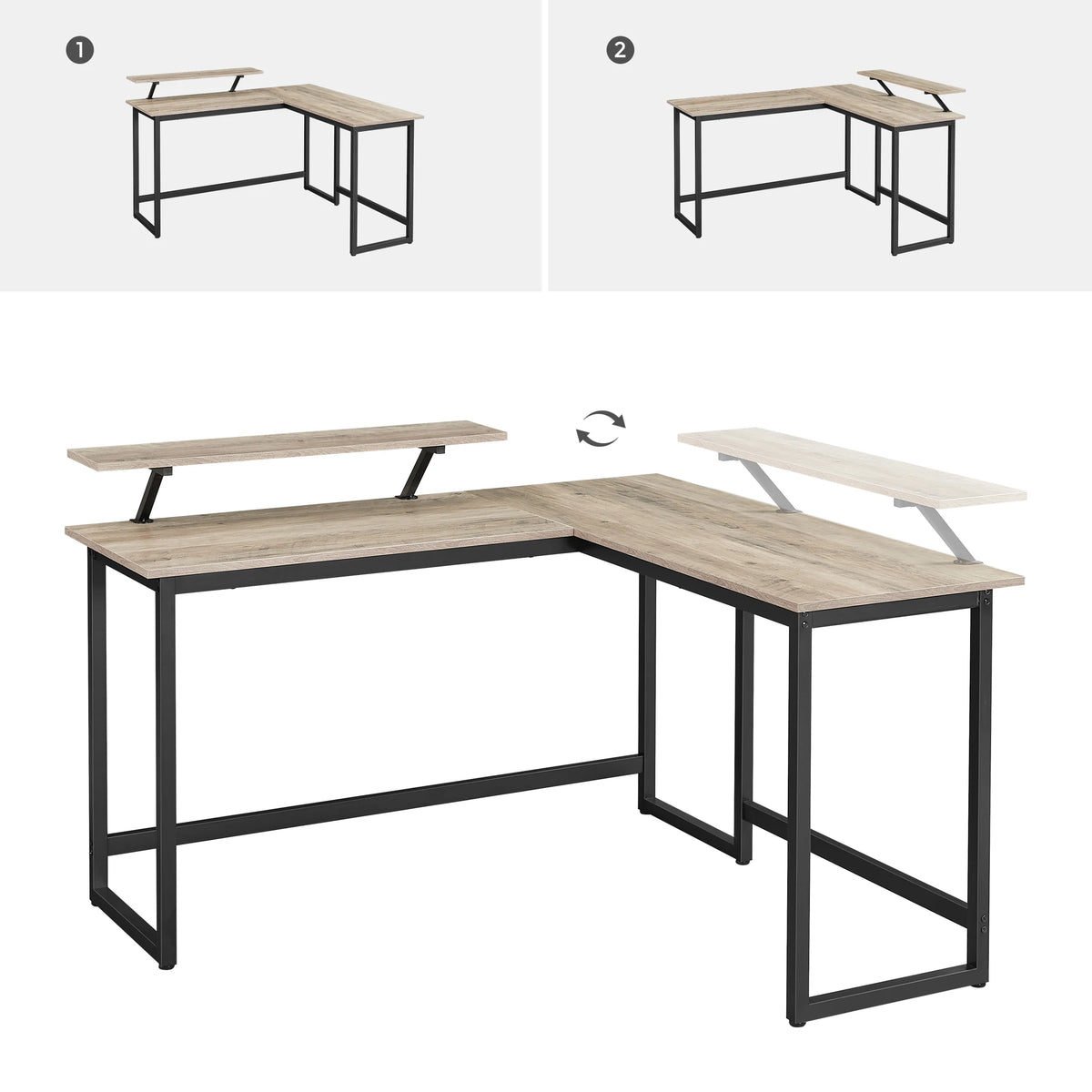 Computer Desk, L-Shaped Writing Workstation, Industrial Corner Desk With Monitor Stand, for Home Office, 140 x 130 x 76/91.5 cm