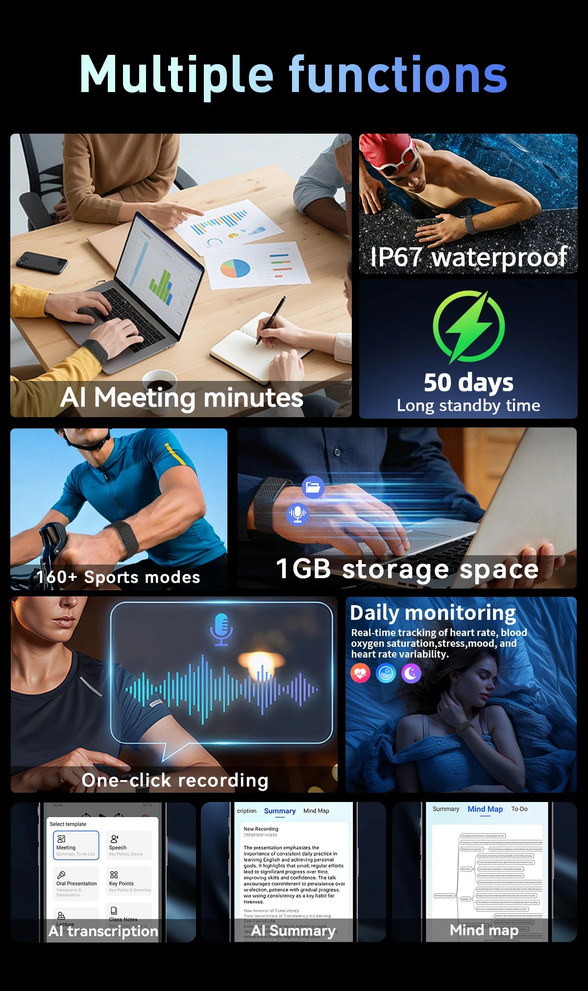 LIGE Audio Recorder Smart Bracelet 79 Languages AI Transcription 1GB Sports Fitness Band Health Monitor Watches Voice Recording