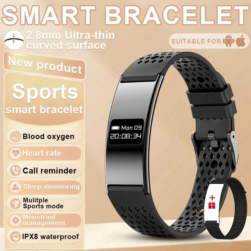 Smart bracelet with black perforated band on beige background
