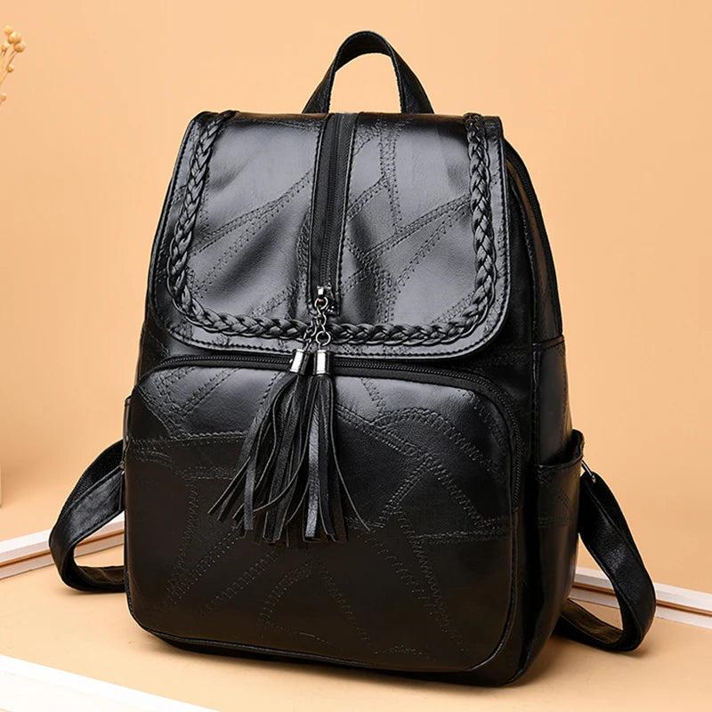 Casual Vintage Flap Tassel Rucksack, Lightweight Black Leather Backpack for Shopping, Dating & Weekend Trips
