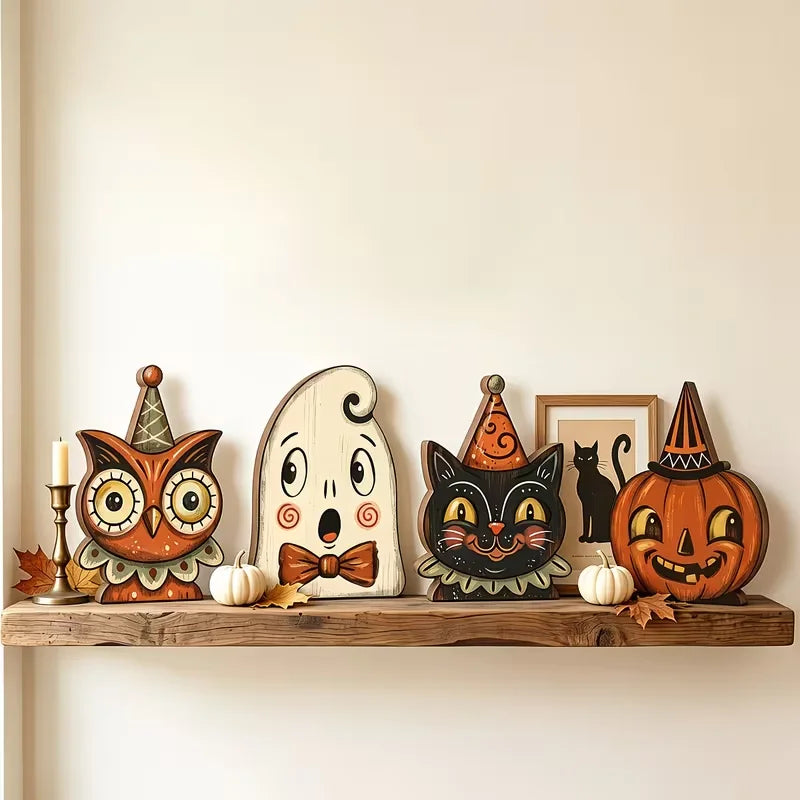 Halloween interior decoration, vintage wooden blocks for shelf decoration, housewarming gifts