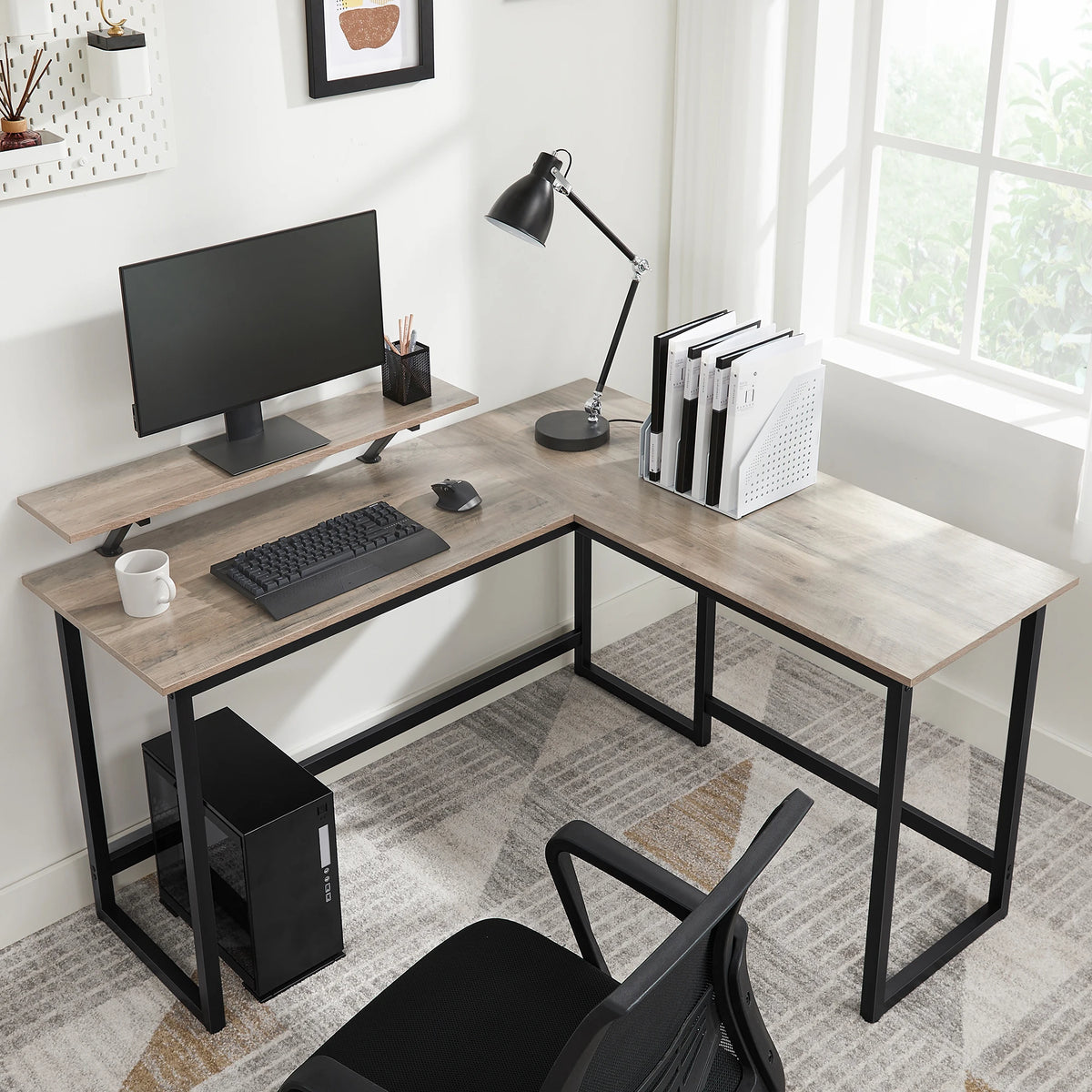 Computer Desk, L-Shaped Writing Workstation, Industrial Corner Desk With Monitor Stand, for Home Office, 140 x 130 x 76/91.5 cm