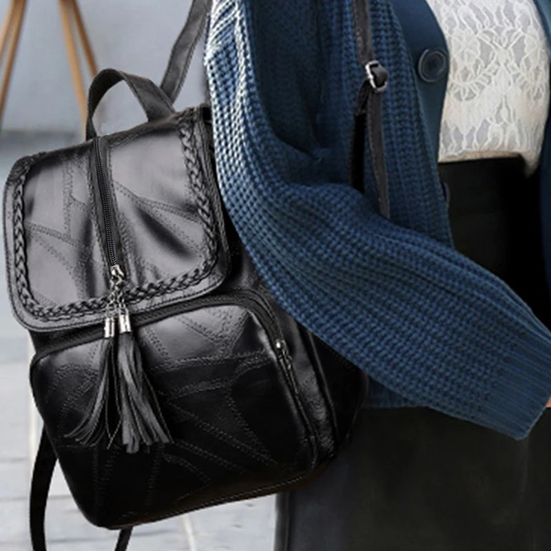 Casual Vintage Flap Tassel Rucksack, Lightweight Black Leather Backpack for Shopping, Dating & Weekend Trips