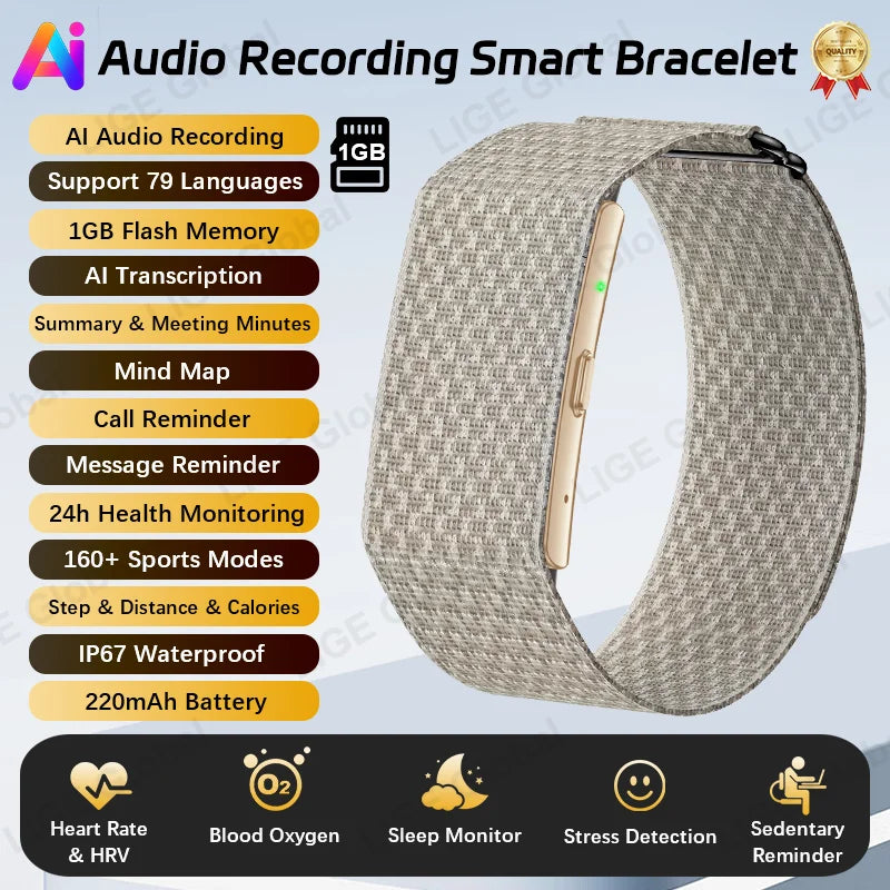 LIGE Audio Recorder Smart Bracelet 79 Languages AI Transcription 1GB Sports Fitness Band Health Monitor Watches Voice Recording