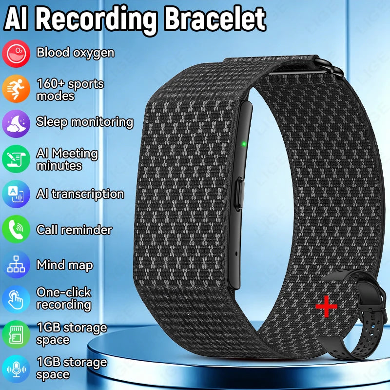 Black AI recording smart bracelet with a textured patterned strap, shown on a blue gradient background with feature icons and text listing blood oxygen, sleep monitoring, AI meeting minutes, call reminder, and storage space.