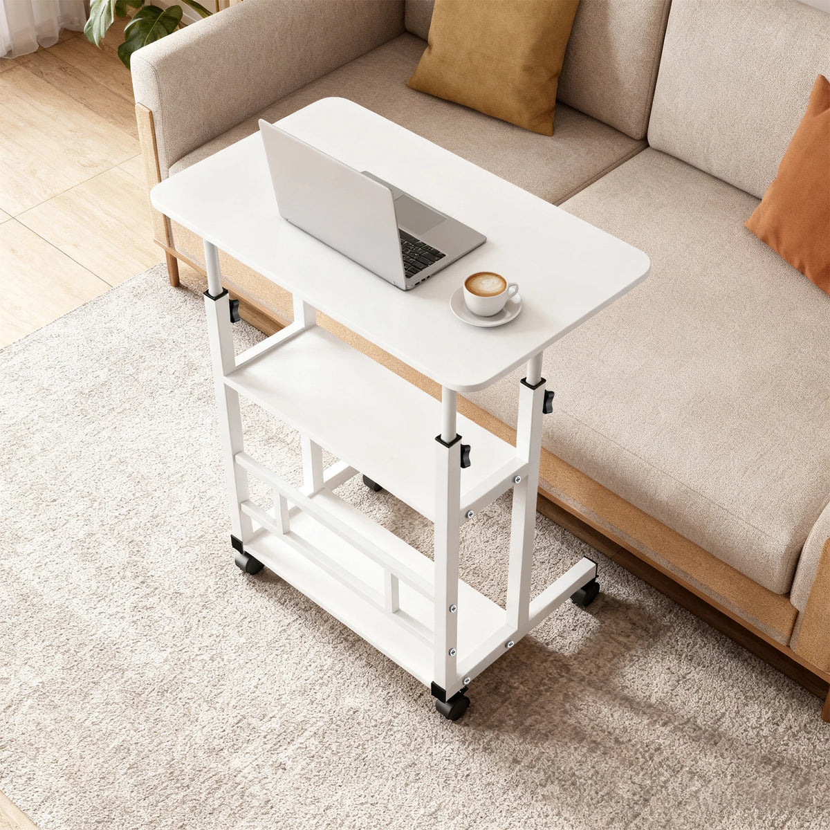 Side Table, Height-adjustable Computer Desk with Casters, 3 Shelves, Standing Desk for Bedroom, Living Room, 60x40x90cm