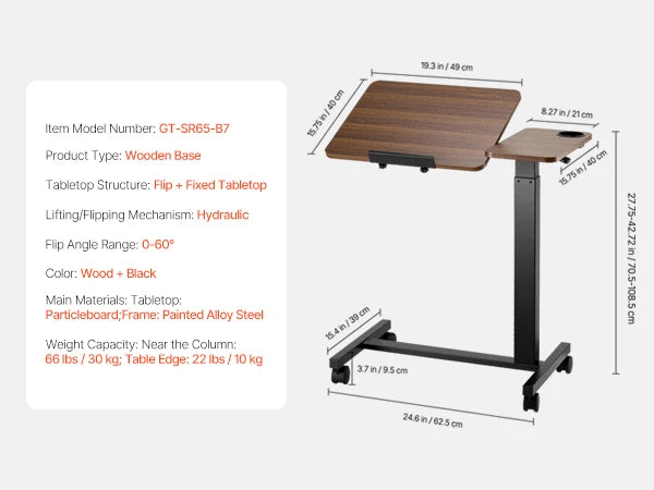 VEVOR Overbed Table Mobile Bed Side Table w/ Swivel Casters Height & Angle Adjustable Rolling Laptop Desk for Home Office Study