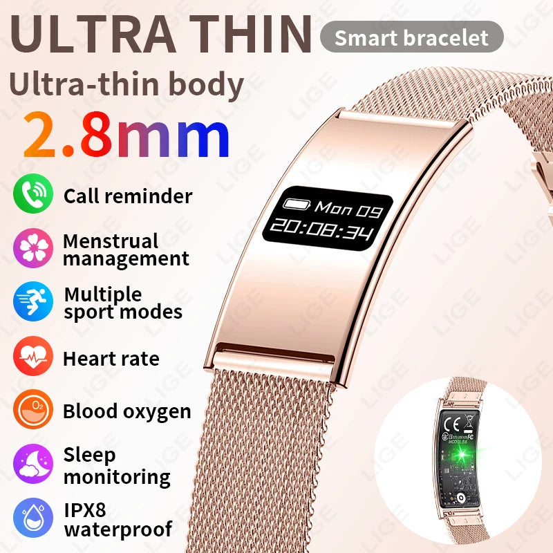 LIGE New 2.8mm Electronic Screen Smart Wristbands Heart Rate Blood Oxygen Monitor Smart Watch Waterproof Sports Fashion Bracelet