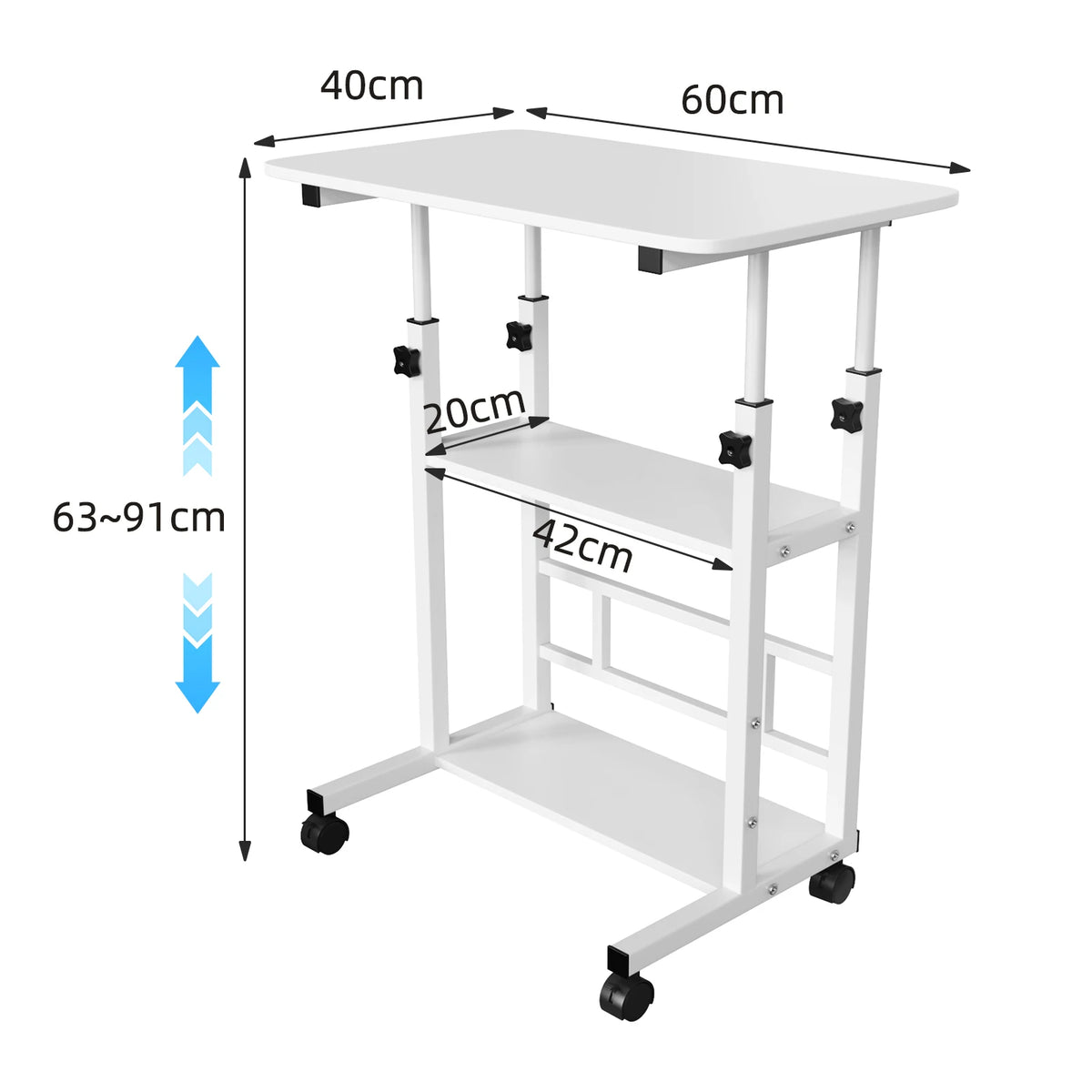 Side Table, Height-adjustable Computer Desk with Casters, 3 Shelves, Standing Desk for Bedroom, Living Room, 60x40x90cm