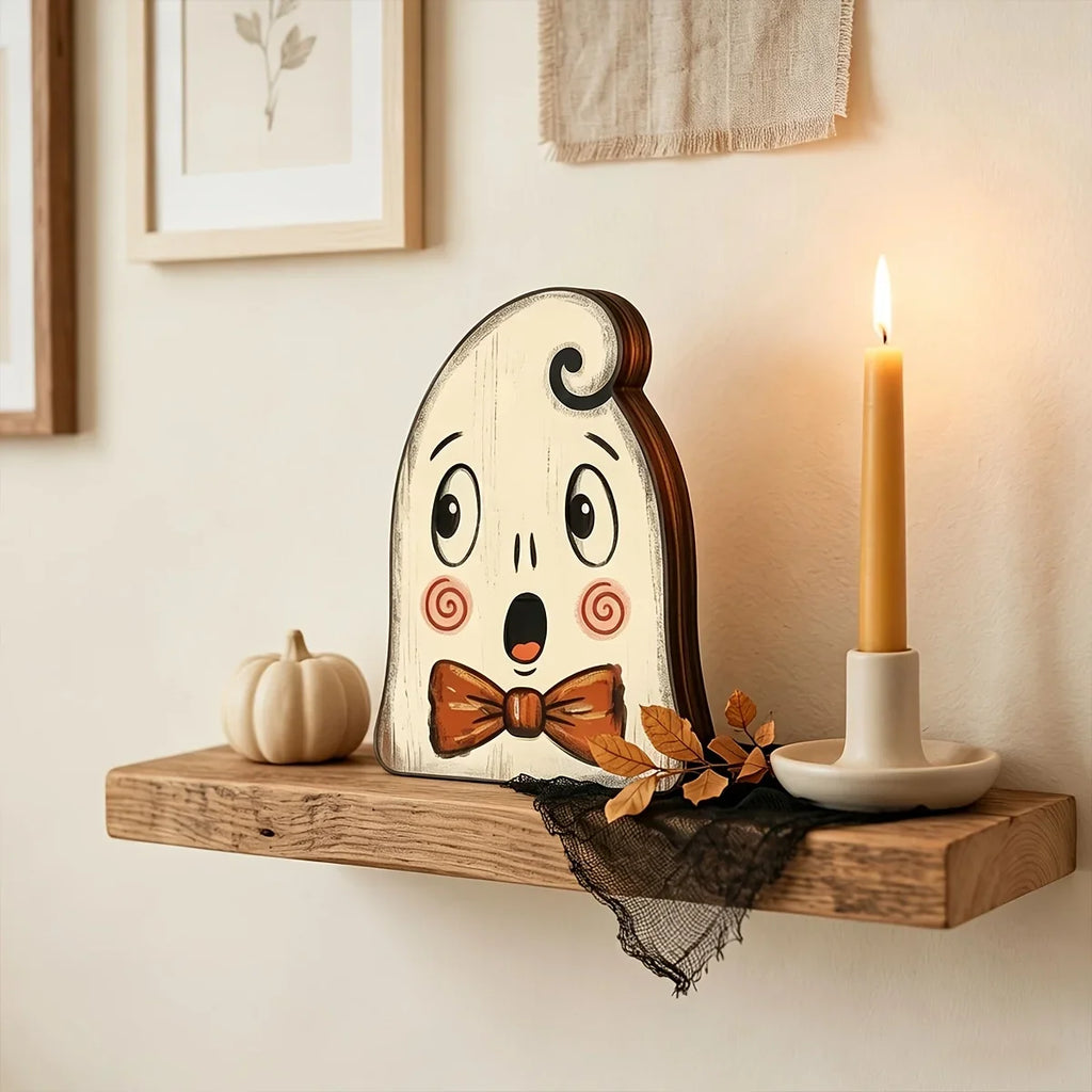 Halloween Decor Indoor,Retro Wooden Block for Shelf Decoration,Cute Ghost,Pumpkin,Black Cat,Skeleton,Witch Owl,Housewarming Gift