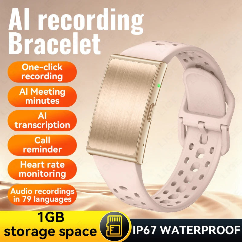 An AI recording bracelet shown on a beige background with promotional text. The bracelet has a rectangular brushed-metal face and a light pink silicone strap with perforated holes.
