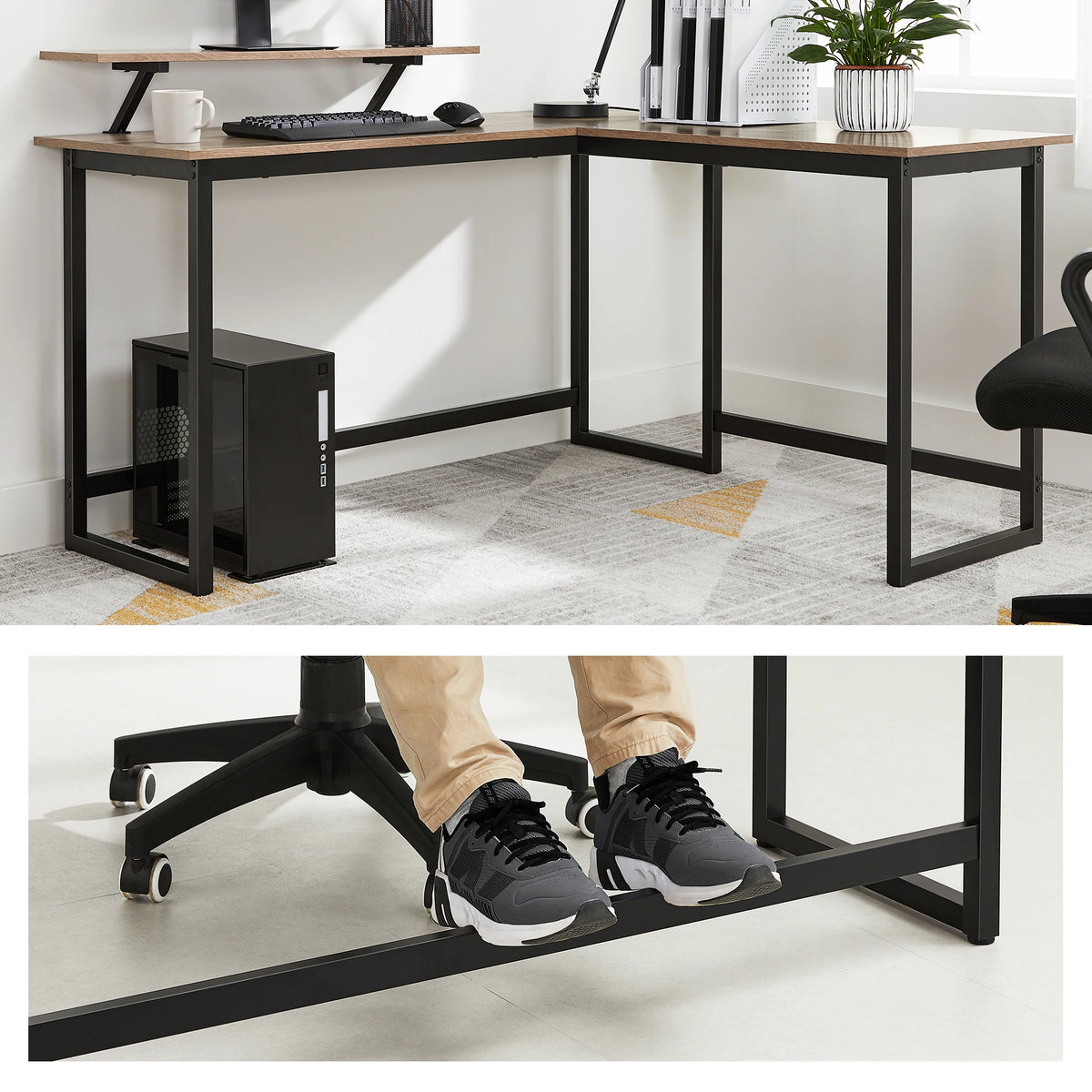 Computer Desk, L-Shaped Writing Workstation, Industrial Corner Desk With Monitor Stand, for Home Office, 140 x 130 x 76/91.5 cm