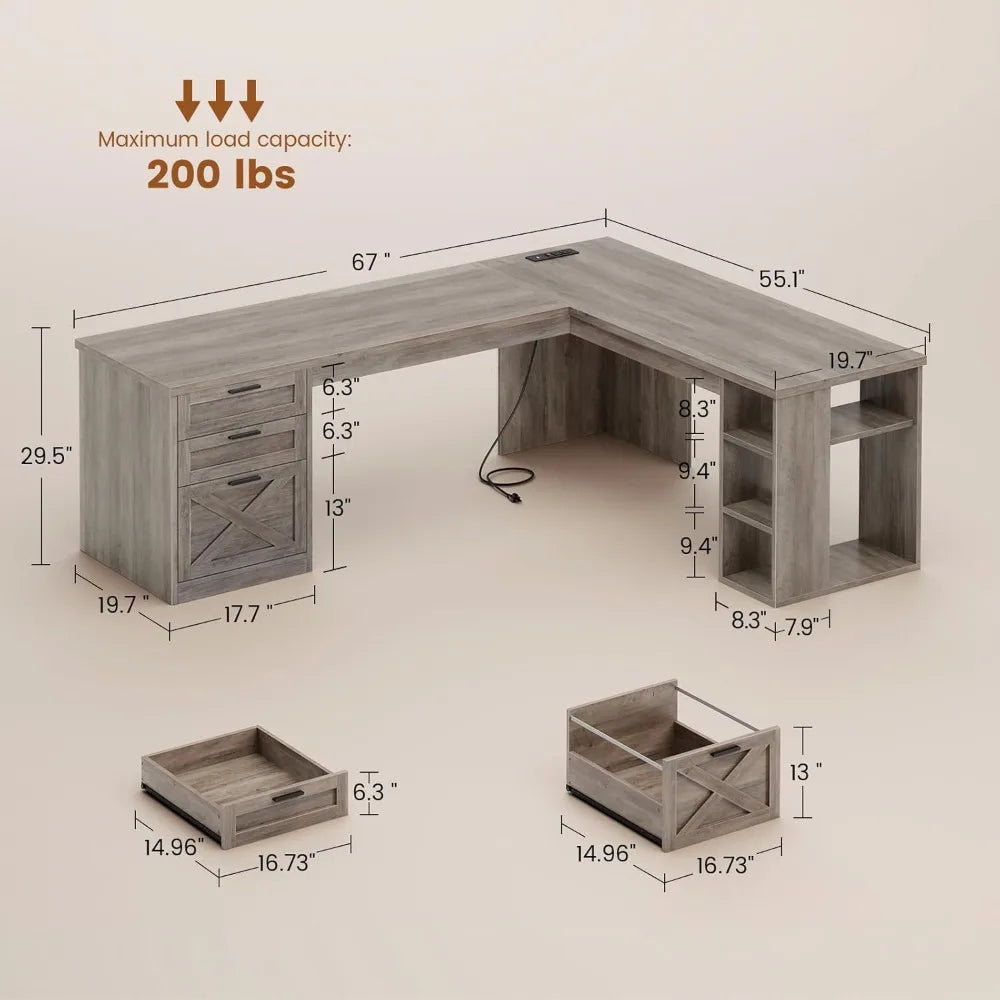 Farmhouse 67" L Shaped Desk with 3 Drawers, Executive Desk, Home Office Desks with Storage Shelves, Corner Computer, Customized