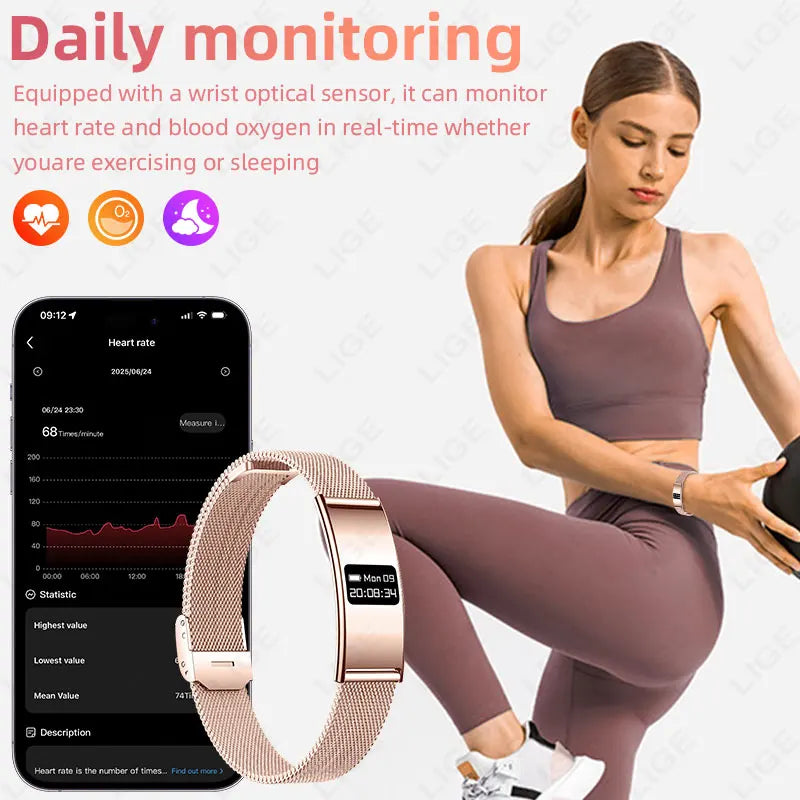 Woman using a fitness tracker with smartphone app displaying heart rate data on a white background