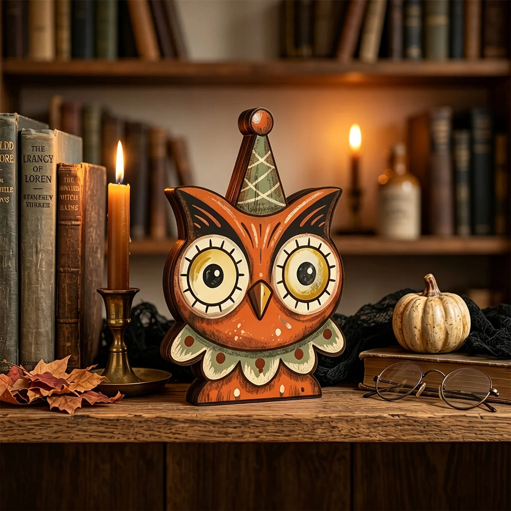 Halloween Decor Indoor,Retro Wooden Block for Shelf Decoration,Cute Ghost,Pumpkin,Black Cat,Skeleton,Witch Owl,Housewarming Gift