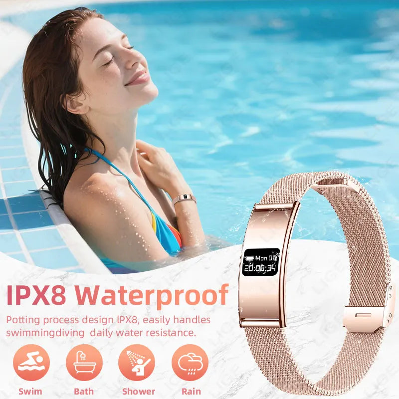 Woman in a pool with a rose gold smartwatch, emphasizing IPX8 waterproof feature.