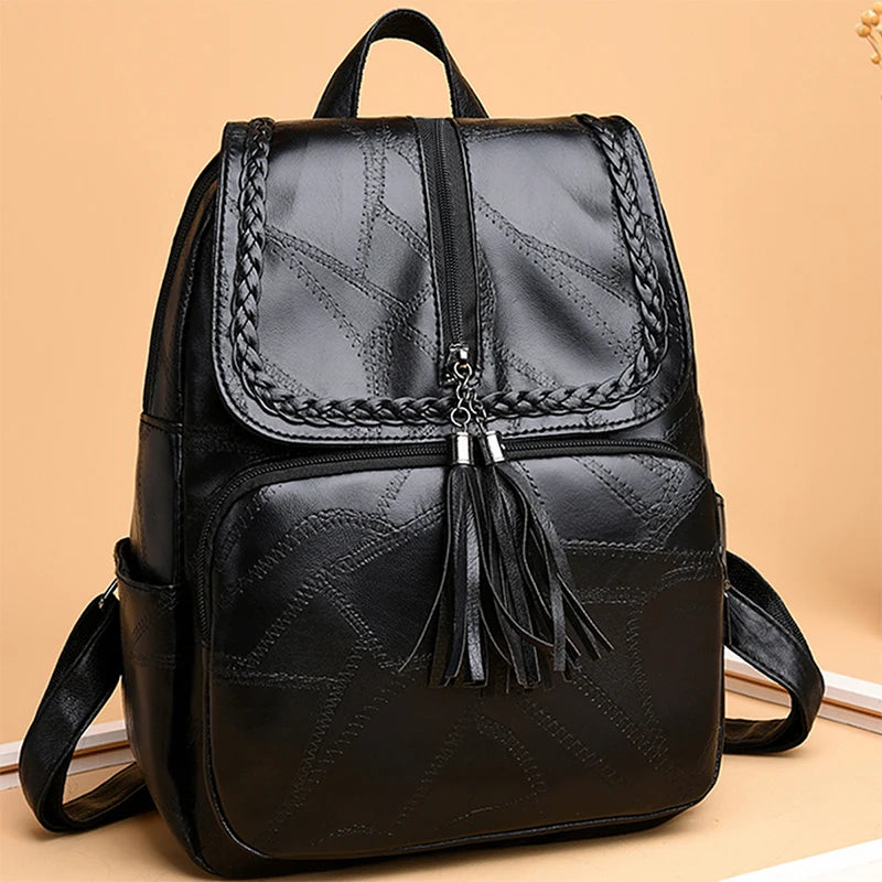 Casual Vintage Flap Tassel Rucksack, Lightweight Black Leather Backpack for Shopping, Dating & Weekend Trips