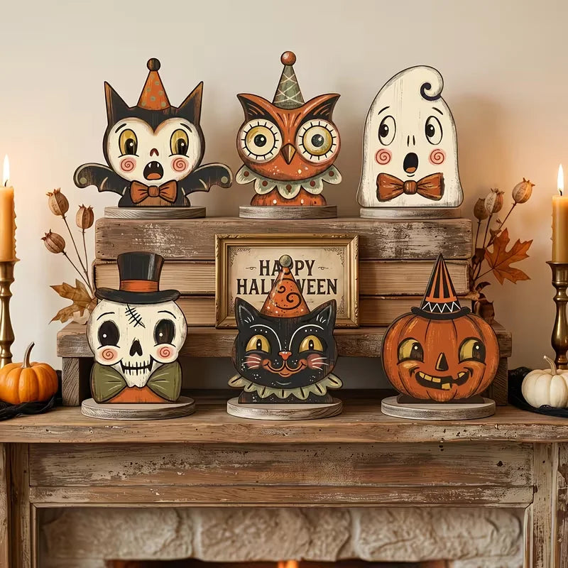 Halloween interior decoration, vintage wooden blocks for shelf decoration, housewarming gifts