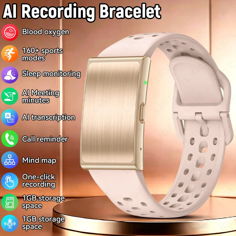 An AI recording smart bracelet with a white perforated strap and a brushed gold rectangular face, shown on a metallic gold pedestal with feature icons and text listing blood oxygen, sports modes, sleep monitoring, AI meeting minutes, AI transcription, call reminder, mind map, one-click recording, and 1GB storage space.