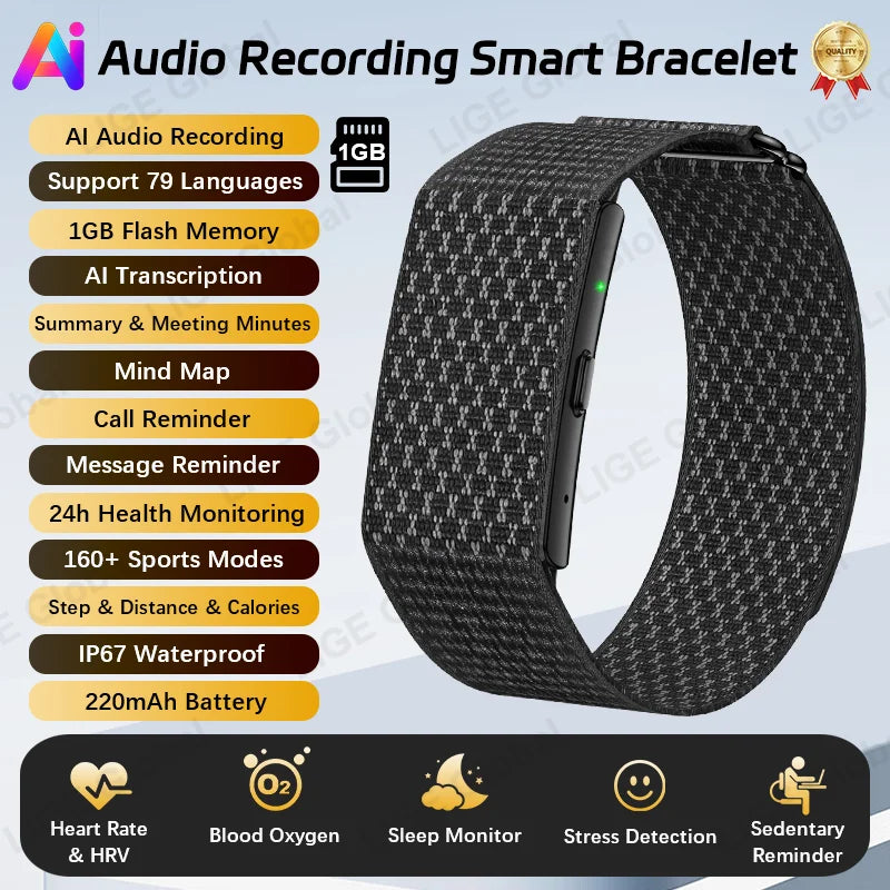 LIGE Audio Recorder Smart Bracelet 79 Languages AI Transcription 1GB Sports Fitness Band Health Monitor Watches Voice Recording