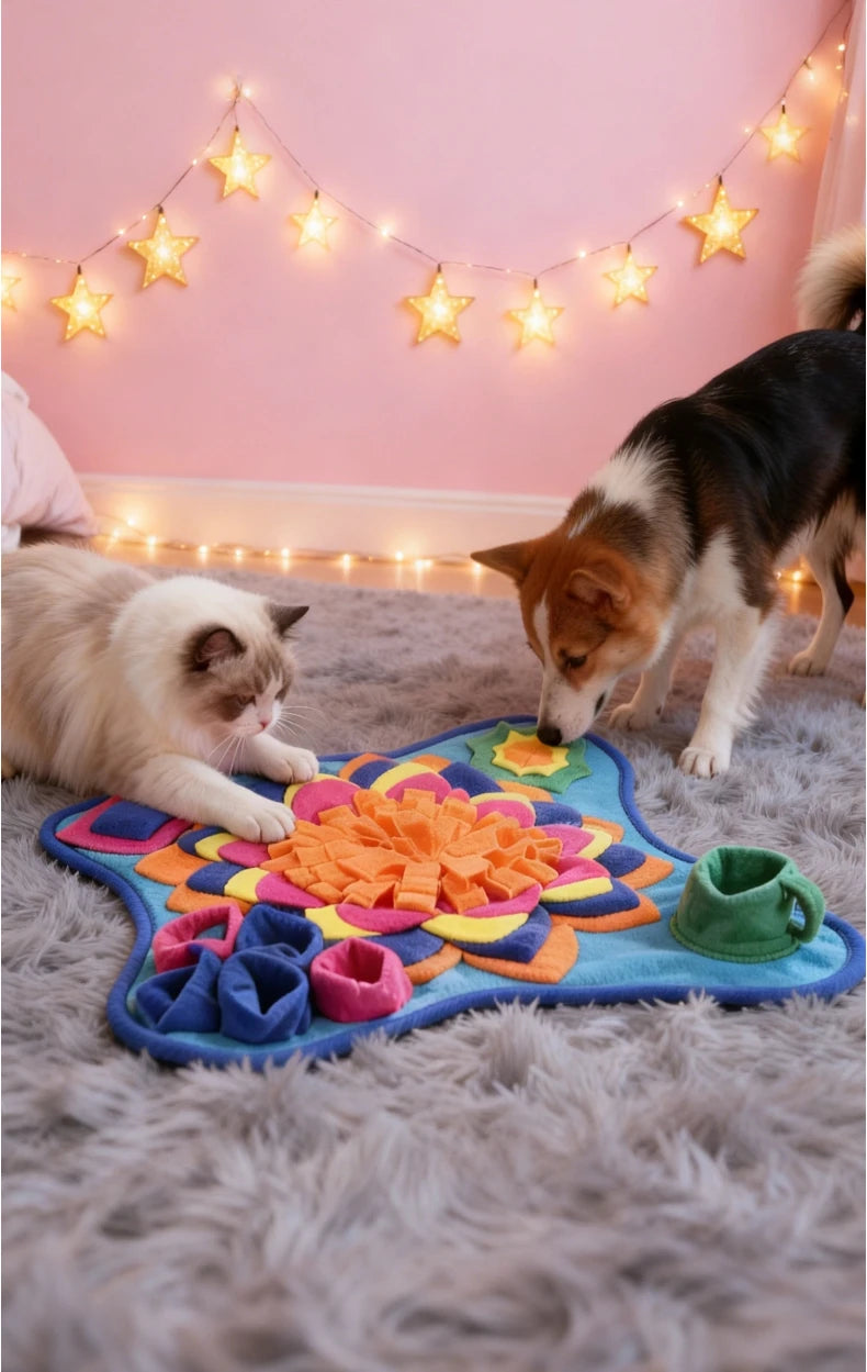 Pet Snuffle Mat for Dogs Cats, Interactive Foraging Feeding Mat, Non‑Slip Colorful Flower Shape Nosework Training Toy, Stress Re
