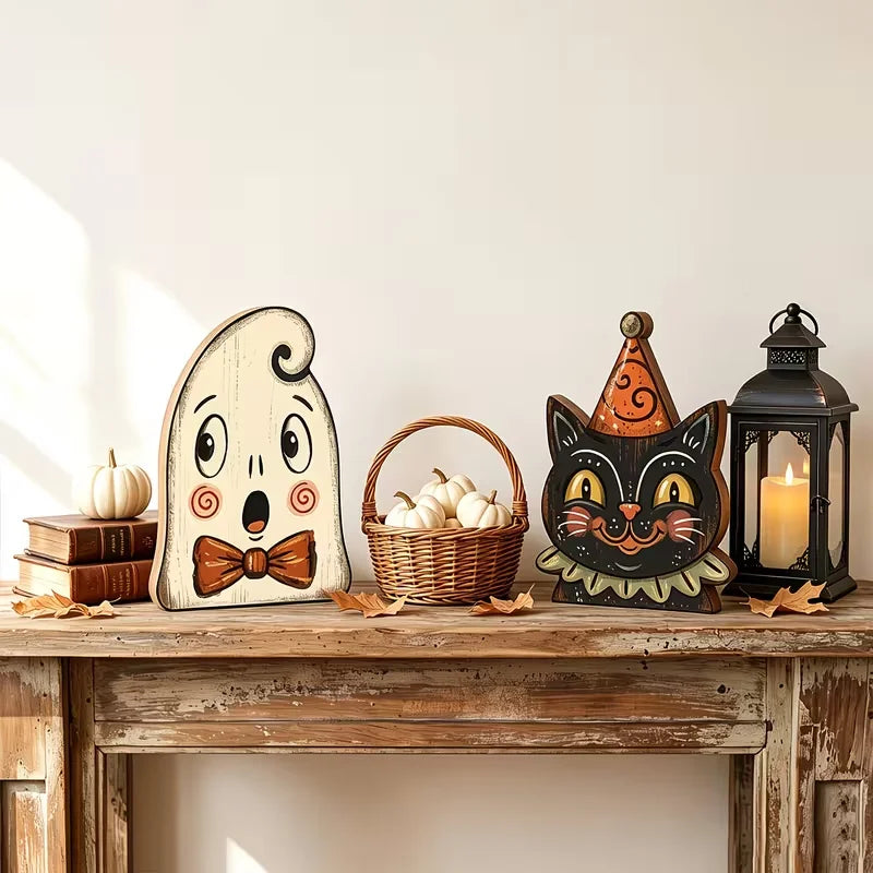 Halloween interior decoration, vintage wooden blocks for shelf decoration, housewarming gifts
