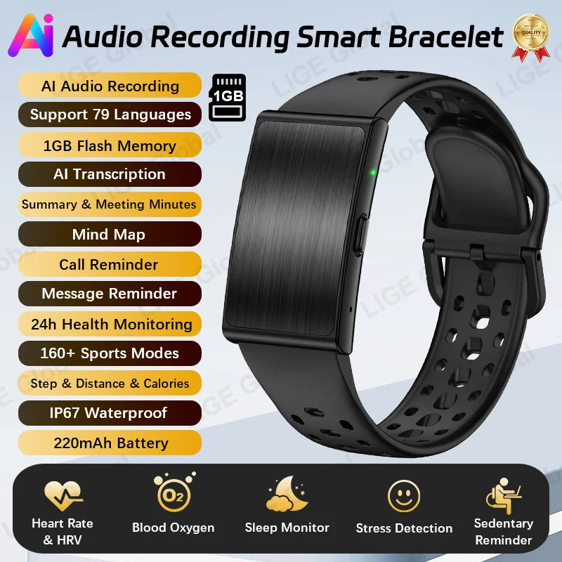 LIGE Audio Recorder Smart Bracelet 79 Languages AI Transcription 1GB Sports Fitness Band Health Monitor Watches Voice Recording