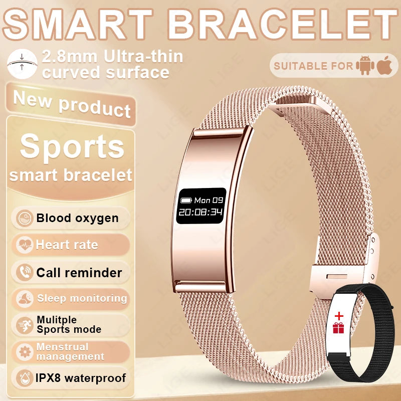 Smart bracelet with rose gold mesh band on beige background