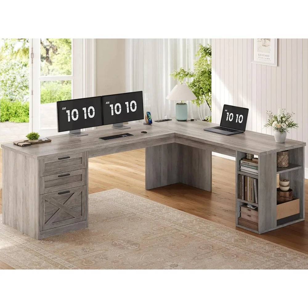 Farmhouse 67" L Shaped Desk with 3 Drawers, Executive Desk, Home Office Desks with Storage Shelves, Corner Computer, Customized