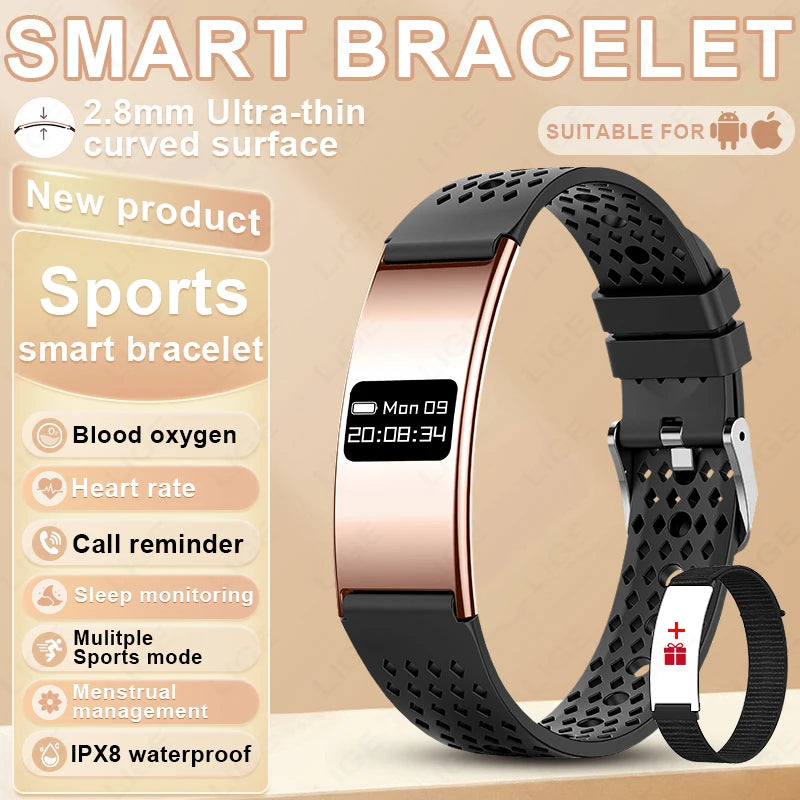 Smart bracelet with black and rose gold design on a beige background